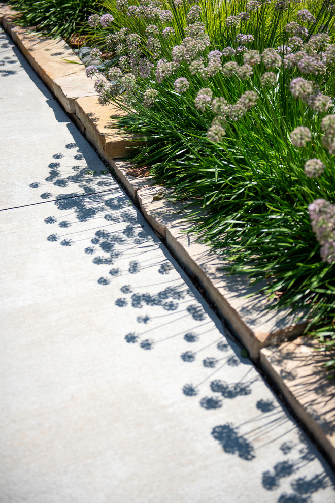 Diseño de jardín de secano retro de tamaño medio en verano en patio delantero con muro de contención, exposición total al sol y adoquines de piedra natural