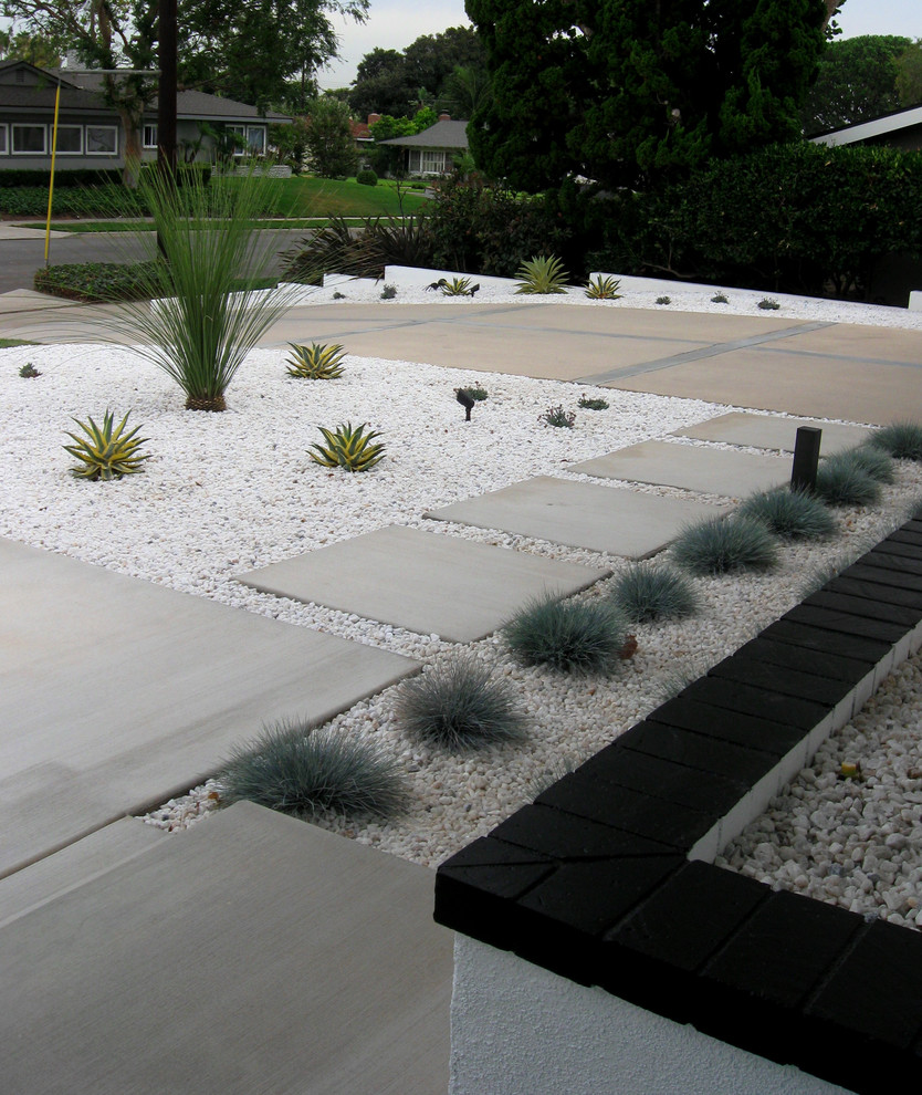 Photo of a medium sized retro front xeriscape full sun garden in Orange County with concrete paving.