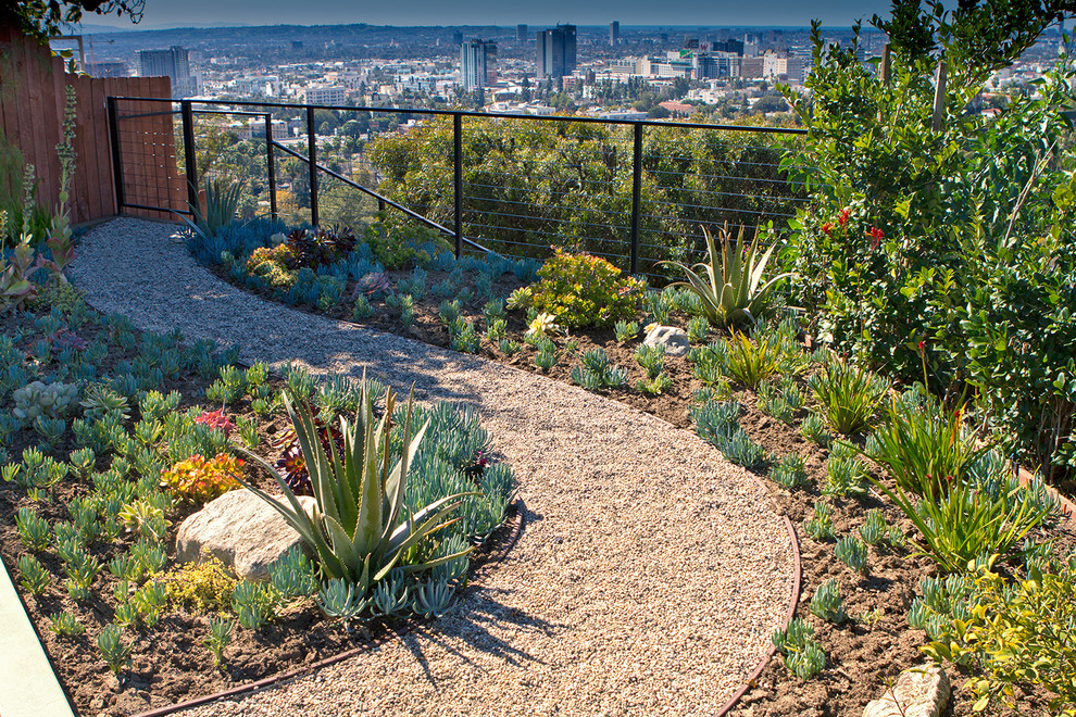 Midcentury back xeriscape full sun garden in Los Angeles with a garden path and gravel.
