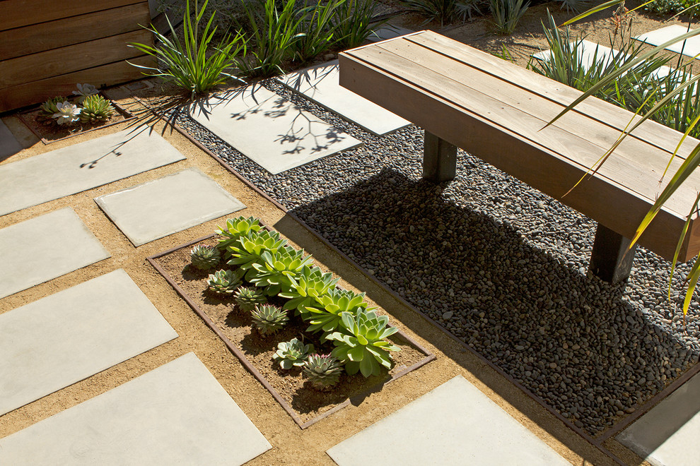 Cette photo montre un jardin rétro avec une exposition ensoleillée et des pavés en béton.
