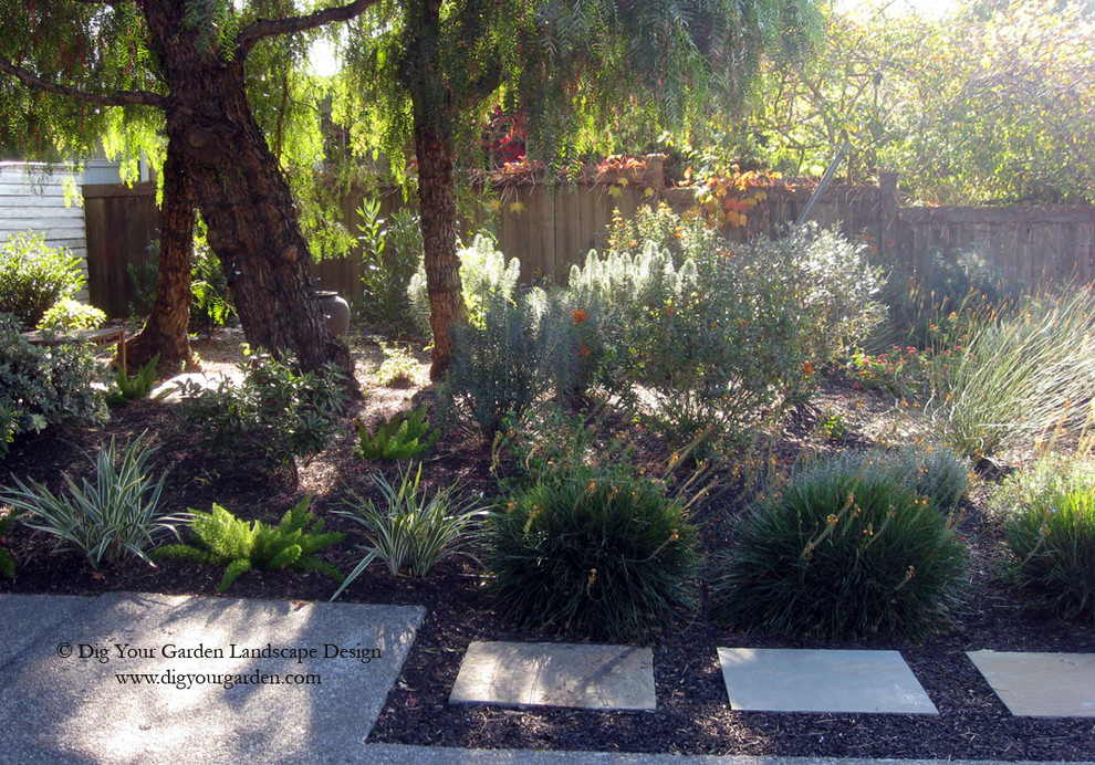 Exempel på en mellanstor modern trädgård i skuggan som tål torka och framför huset på våren, med marksten i betong och en trädgårdsgång