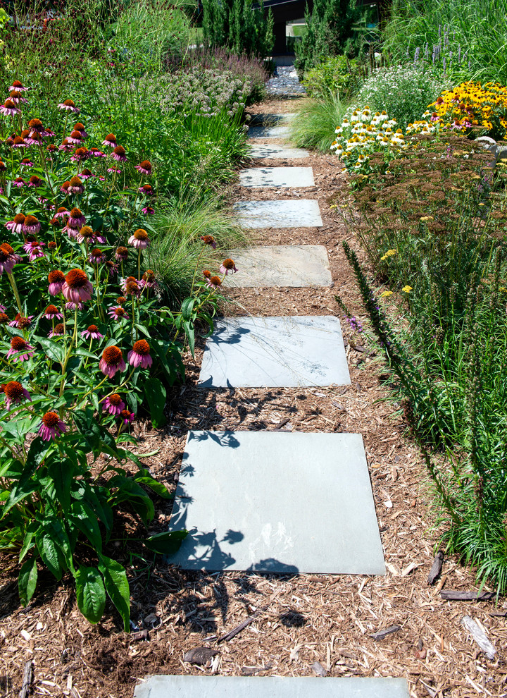 Esempio di un giardino moderno esposto in pieno sole di medie dimensioni e dietro casa in estate con pavimentazioni in pietra naturale
