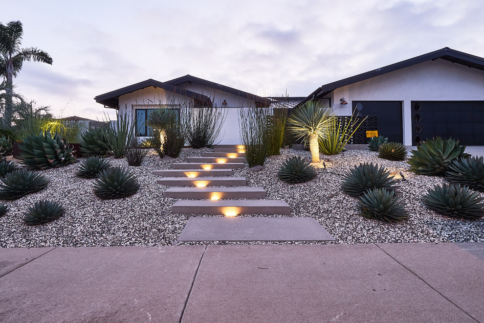 Diseño de jardín de secano retro de tamaño medio en patio delantero con exposición total al sol y piedra decorativa