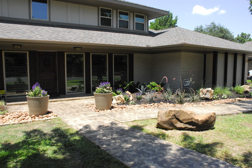 Foto di un giardino xeriscape minimalista esposto in pieno sole di medie dimensioni e davanti casa in primavera con un ingresso o sentiero e pavimentazioni in pietra naturale