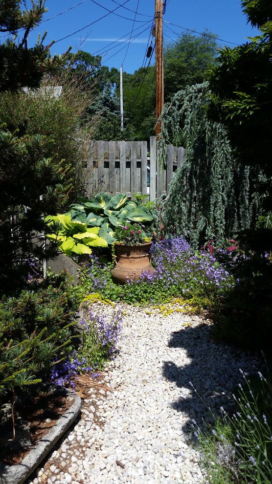 Aménagement d'un petit aménagement d'entrée ou allée de jardin avant romantique avec une exposition partiellement ombragée et du gravier.