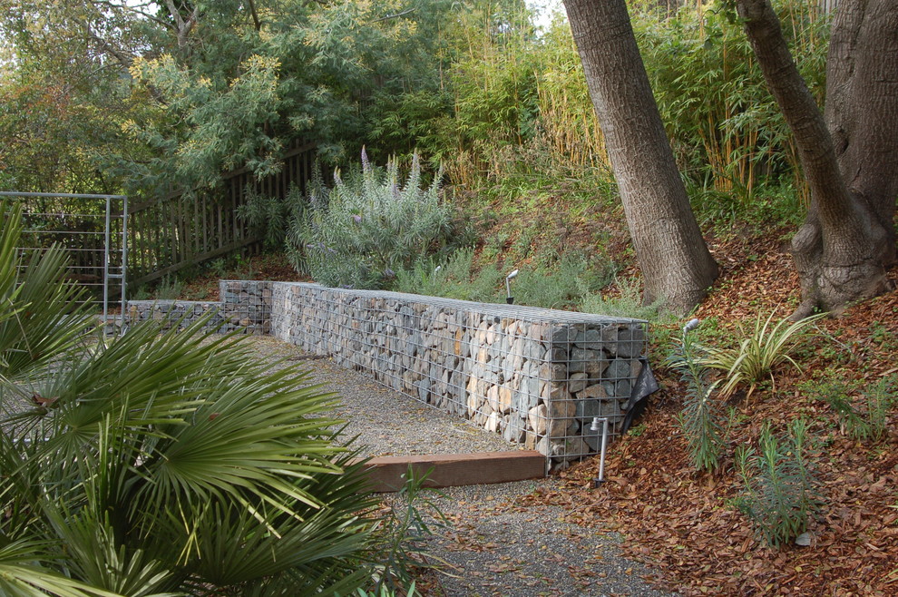 Идея дизайна: участок и сад на склоне в стиле модернизм с покрытием из гравия