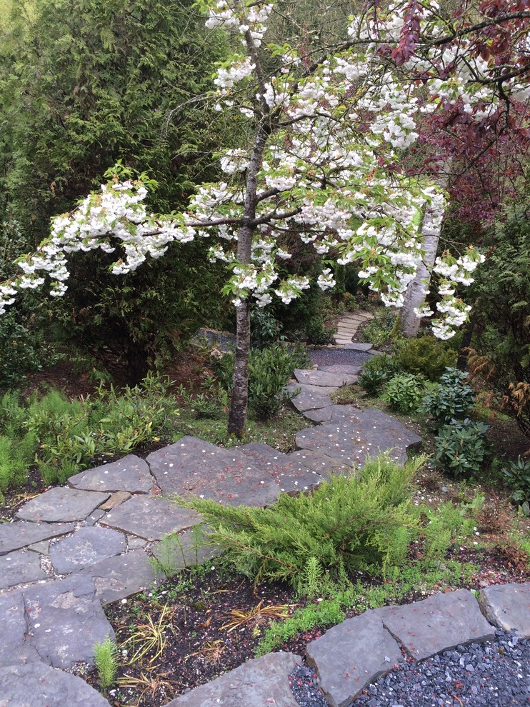 Immagine di un giardino chic in ombra di medie dimensioni in primavera con un ingresso o sentiero, un pendio, una collina o una riva e pavimentazioni in pietra naturale