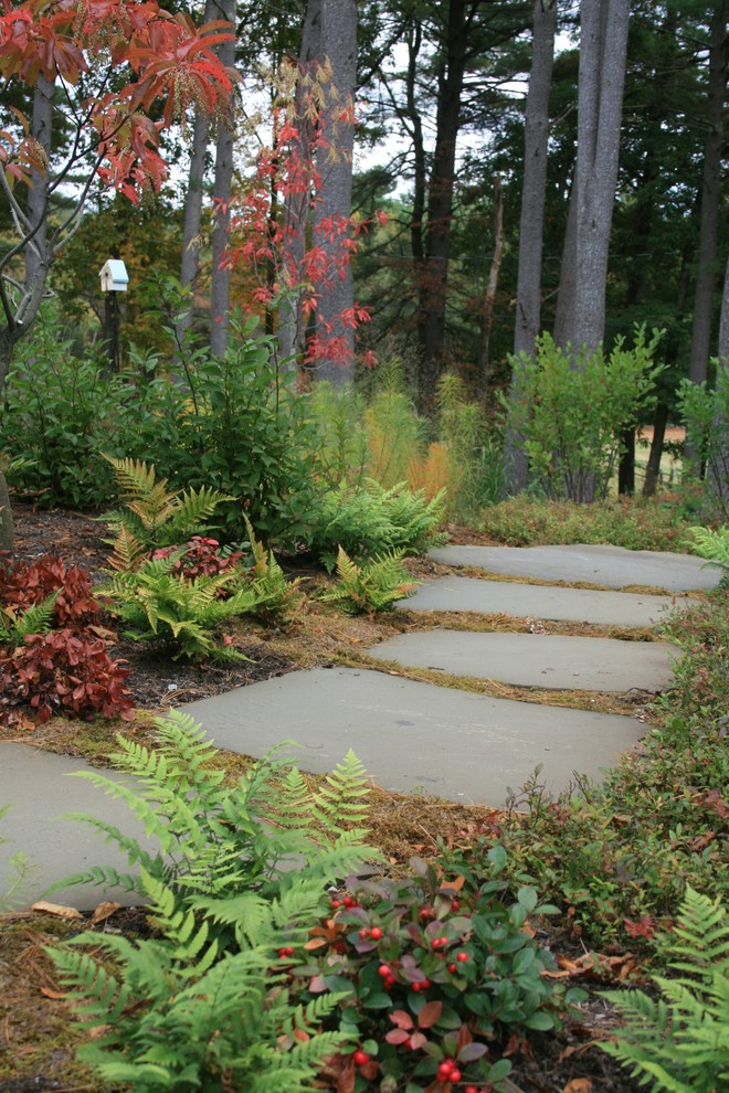 Idéer för att renovera en stor amerikansk trädgård i delvis sol framför huset på hösten, med marksten i betong