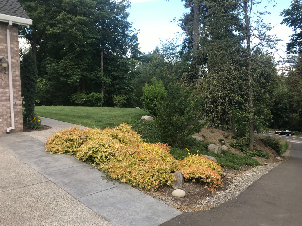 Photo of a large rustic full sun hillside mulch landscaping in Portland for winter.