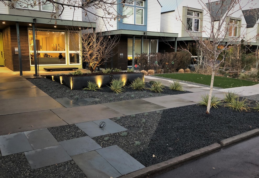 Esempio di un piccolo giardino xeriscape minimalista esposto in pieno sole davanti casa in estate con un ingresso o sentiero e pavimentazioni in pietra naturale