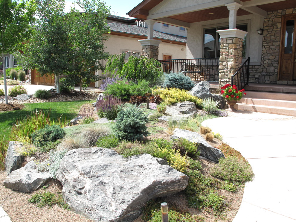 This is an example of a medium sized front xeriscape full sun garden for summer in Denver with a garden path and concrete paving.