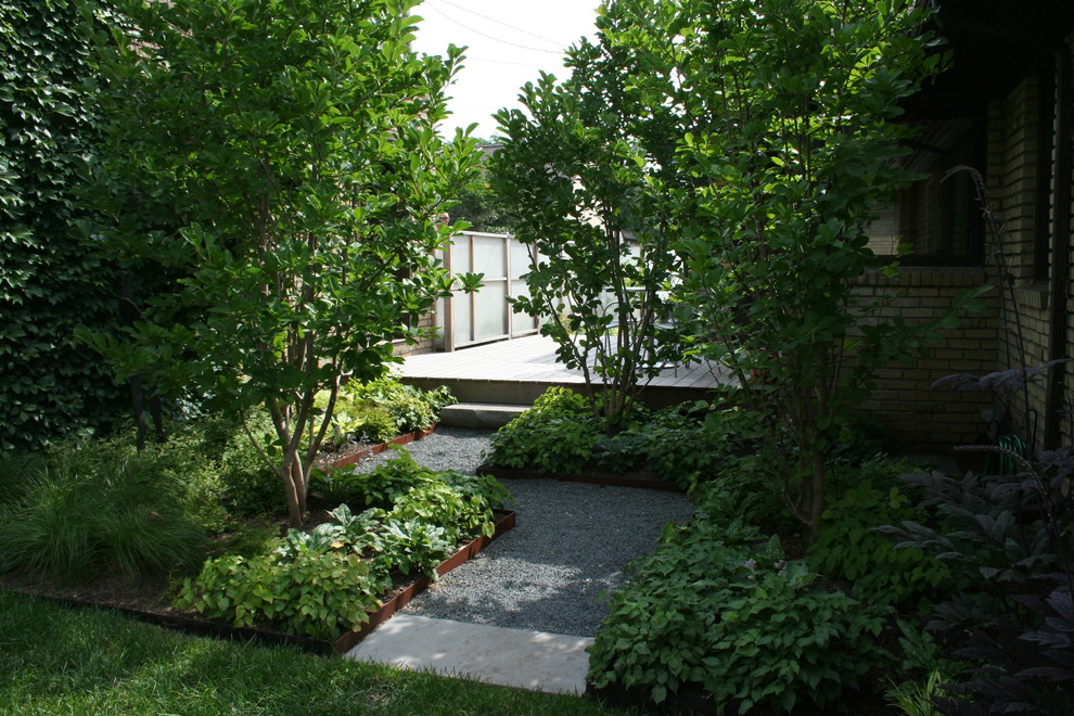 Exempel på en industriell trädgård längs med huset, med grus