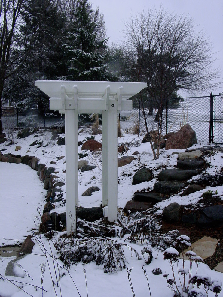 Aménagement d'un jardin arrière classique de taille moyenne et l'hiver avec une exposition ensoleillée et un paillis.