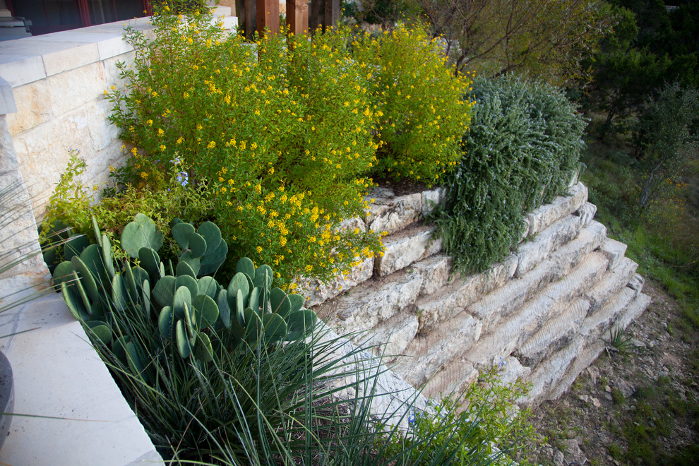 This is an example of a medium sized rustic back xeriscape full sun garden in Austin with natural stone paving.