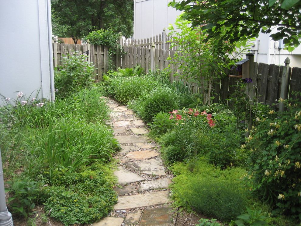 Esempio di un piccolo giardino formale classico esposto a mezz'ombra nel cortile laterale in estate con un ingresso o sentiero