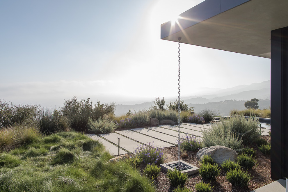 Großer Moderner Garten hinter dem Haus mit Betonboden in Santa Barbara