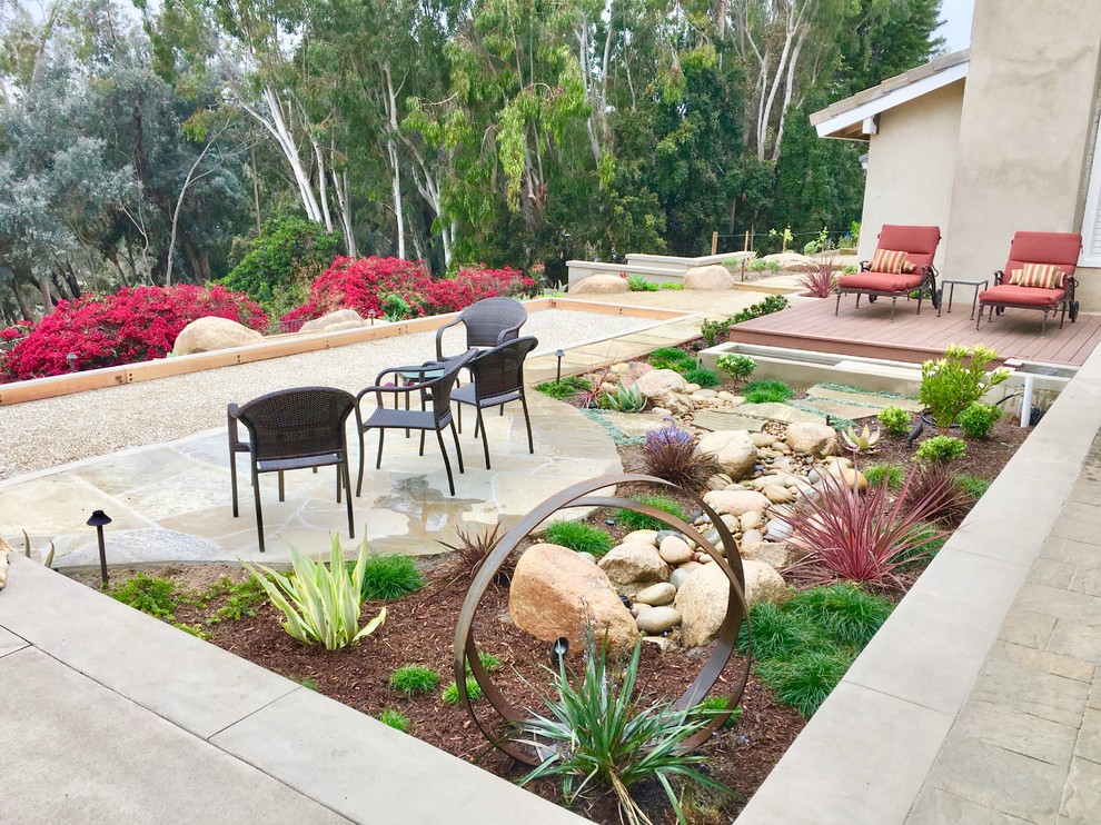 Свежая идея для дизайна: большой солнечный засухоустойчивый сад на заднем дворе в современном стиле с хорошей освещенностью и покрытием из каменной брусчатки - отличное фото интерьера