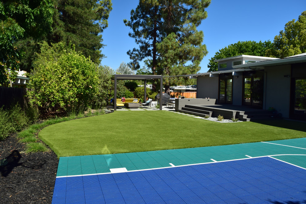 Ispirazione per un grande campo sportivo esterno minimalista esposto in pieno sole dietro casa con uno spazio giochi e pavimentazioni in cemento