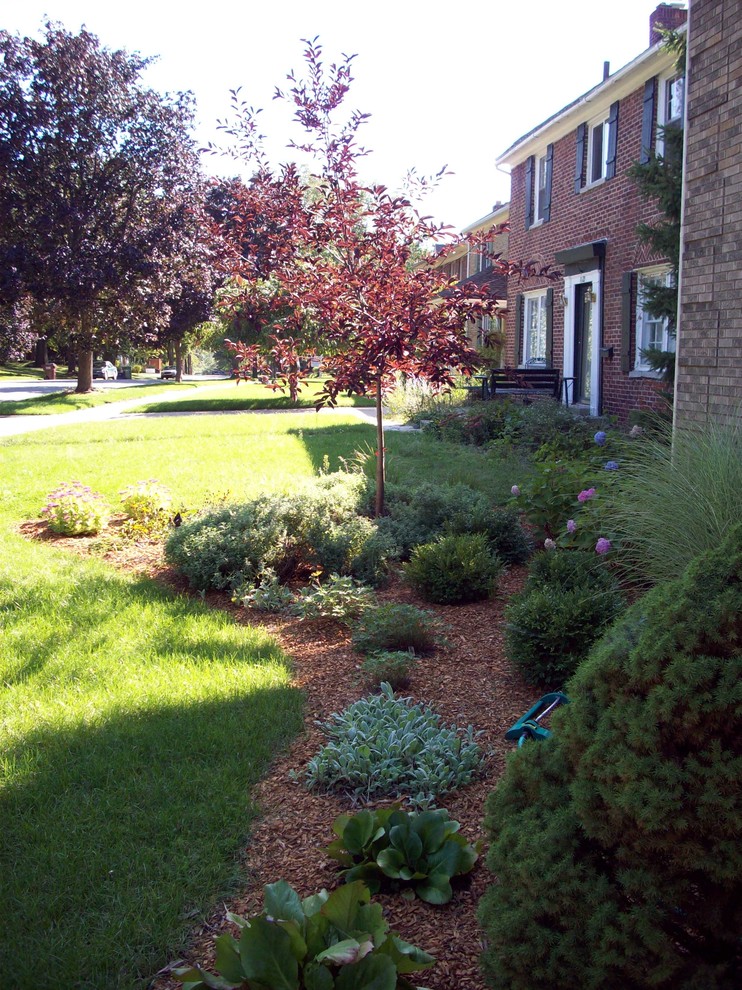 Kleiner, Halbschattiger Klassischer Vorgarten im Sommer mit Mulch in Grand Rapids