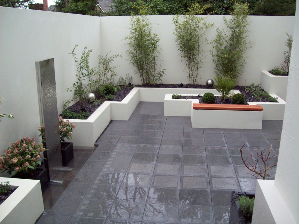 Réalisation d'un petit jardin sur cour minimaliste avec un point d'eau.
