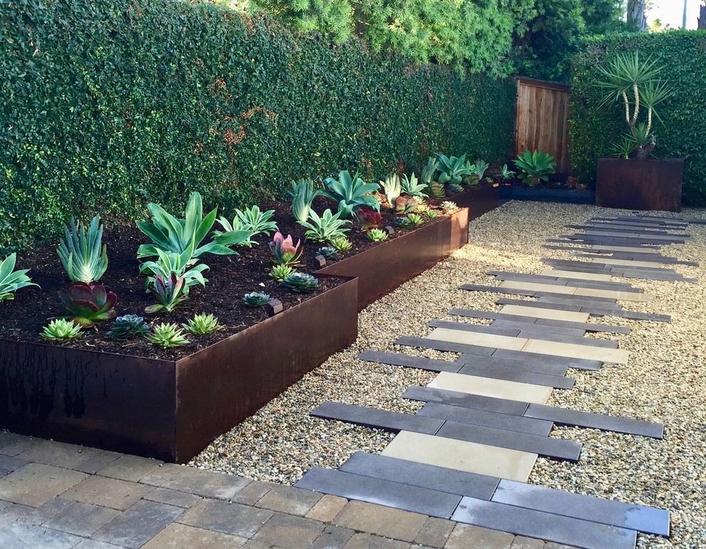 Idee per un giardino xeriscape minimalista esposto a mezz'ombra di medie dimensioni e dietro casa con ghiaia