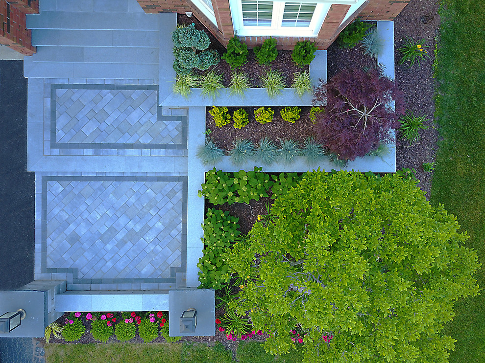 Esempio di un giardino moderno esposto in pieno sole di medie dimensioni e davanti casa con un giardino in vaso e pavimentazioni in cemento