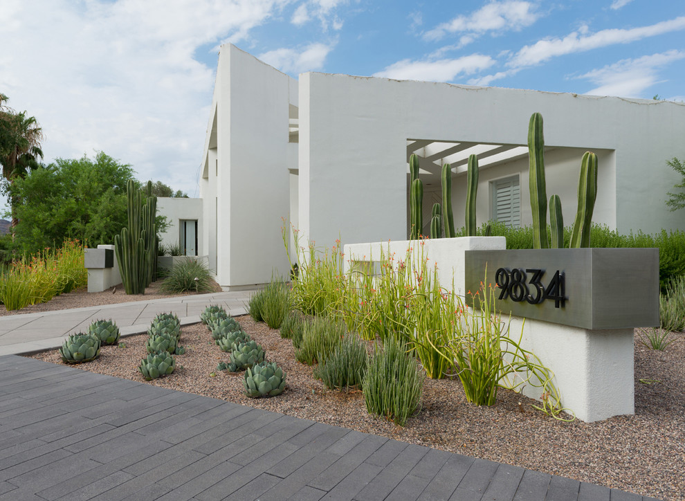 Пример оригинального дизайна: засухоустойчивый сад на переднем дворе в современном стиле с садовой дорожкой или калиткой и покрытием из гравия