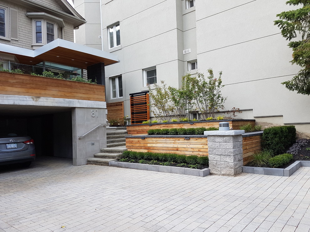 Imagen de acceso privado minimalista de tamaño medio en patio delantero con muro de contención, exposición parcial al sol y adoquines de hormigón