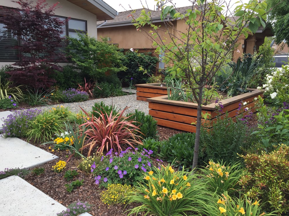 Стильный дизайн: солнечный огород на участке на переднем дворе в классическом стиле с хорошей освещенностью и покрытием из гравия - последний тренд