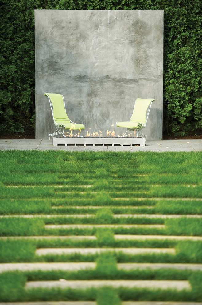 Идея дизайна: солнечный участок и сад в стиле модернизм с местом для костра и хорошей освещенностью