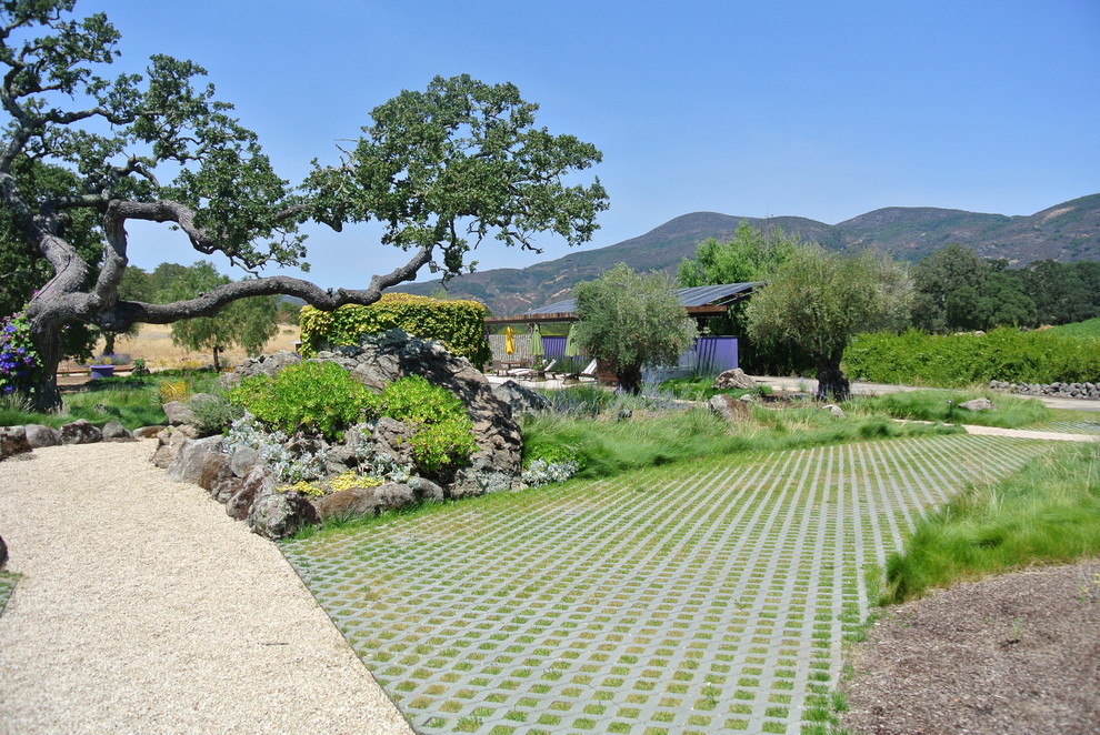 Пример оригинального дизайна: солнечный участок и сад в стиле модернизм с подъездной дорогой и хорошей освещенностью