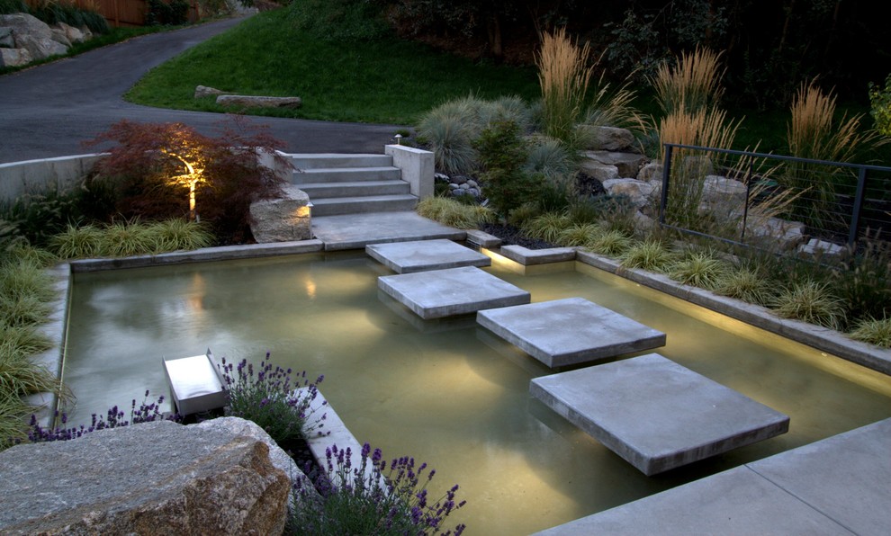 Foto de acceso privado moderno grande en patio trasero con estanque, exposición total al sol y adoquines de hormigón