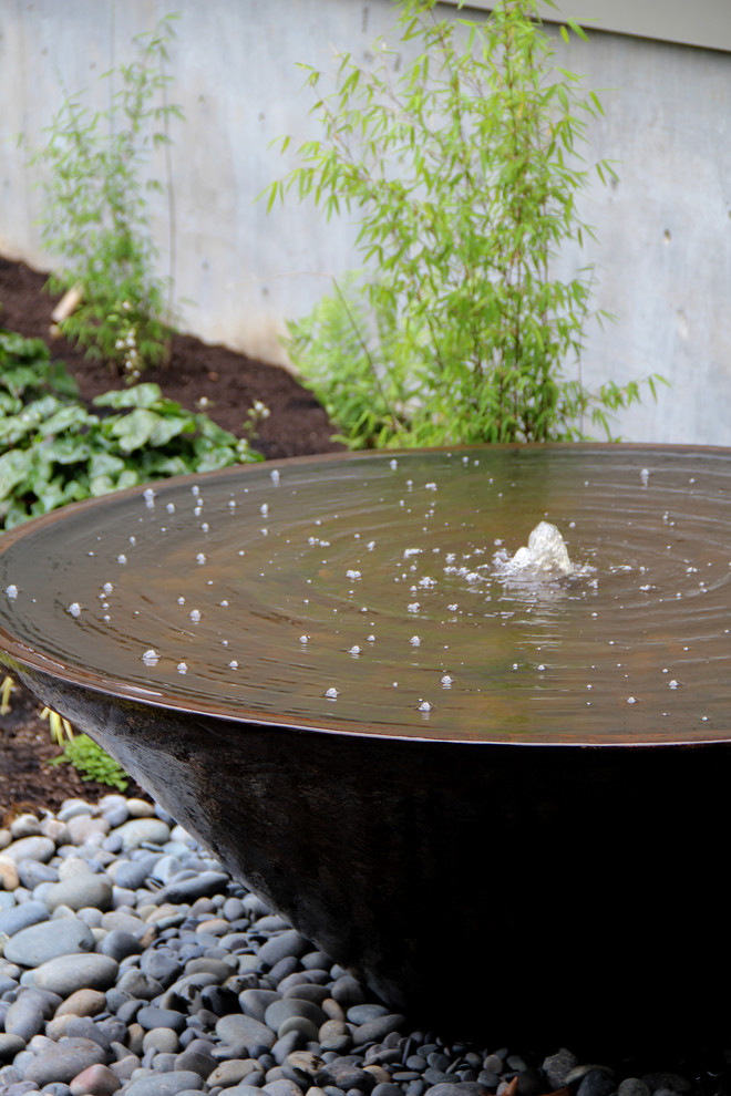 Schattiger Moderner Garten hinter dem Haus mit Wasserspiel in Seattle