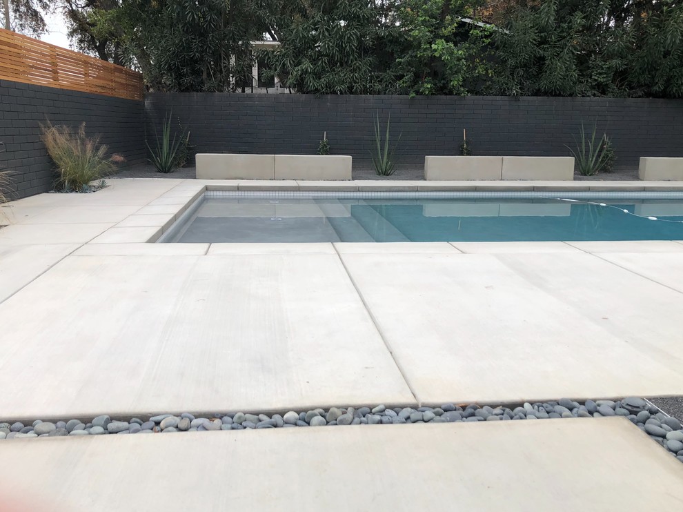 Inspiration for a mid-sized mid-century modern drought-tolerant and partial sun backyard concrete paver landscaping in Other.