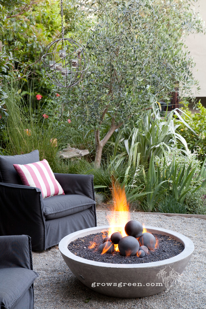 This is an example of a medium sized modern back xeriscape full sun garden in San Francisco with a fire feature and concrete paving.