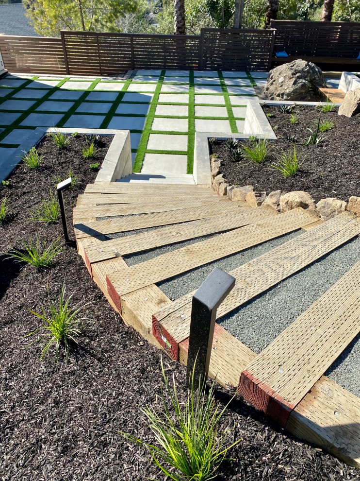 На фото: солнечный регулярный сад среднего размера на заднем дворе в стиле модернизм с дорожками, хорошей освещенностью и покрытием из гравия