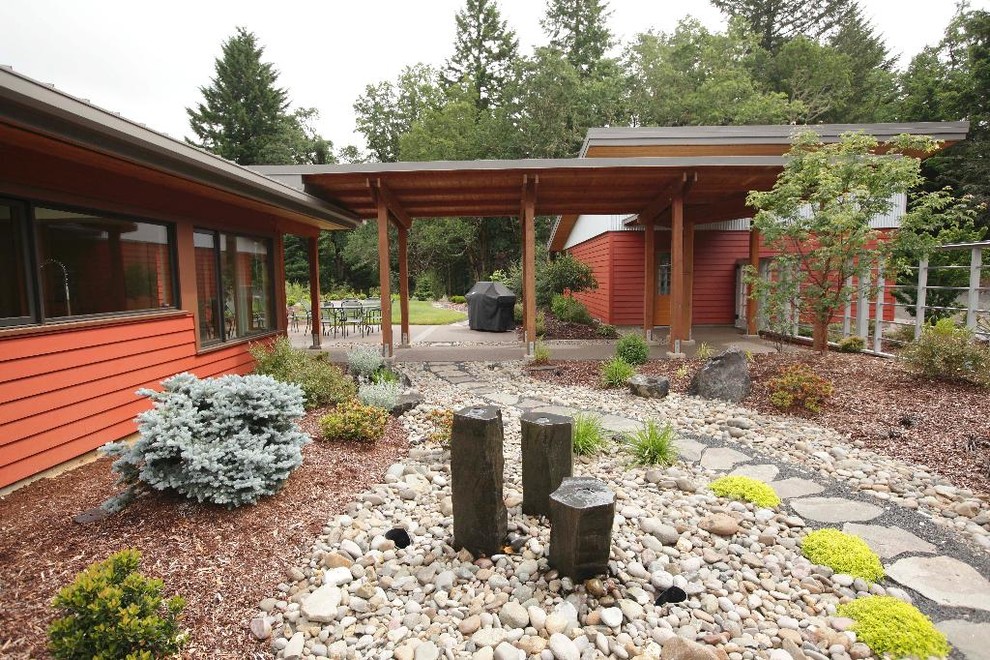 Moderner Garten neben dem Haus mit Flusssteinen in Portland