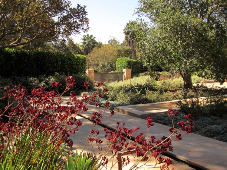 This is an example of a large modern partial sun and drought-tolerant backyard concrete paver water fountain landscape in Los Angeles for summer.