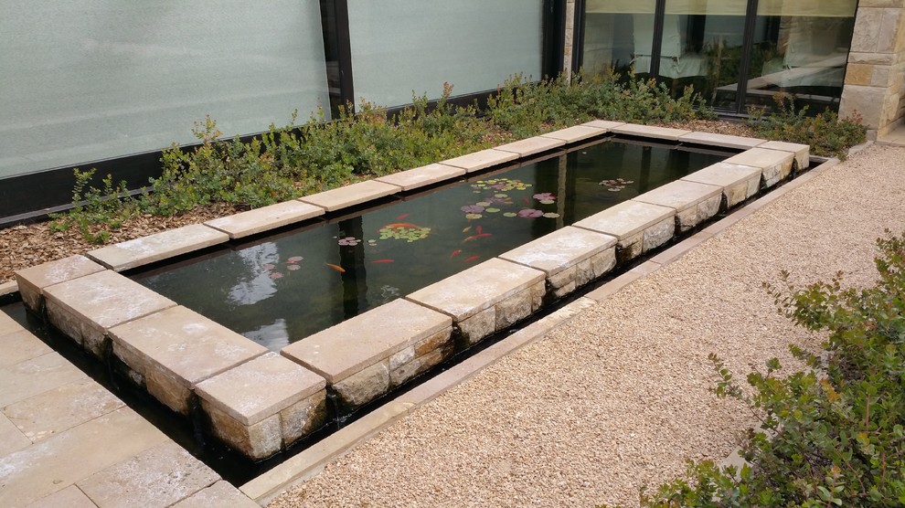 Idee per un grande giardino xeriscape minimalista esposto a mezz'ombra dietro casa in estate con fontane e pavimentazioni in cemento