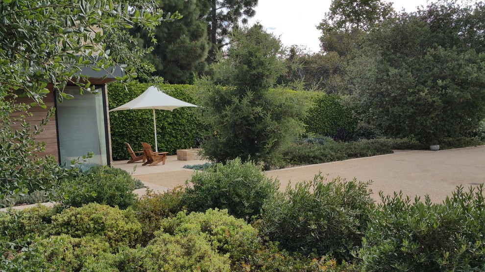 На фото: большой летний участок и сад на заднем дворе в стиле модернизм с полуденной тенью и мощением тротуарной плиткой с