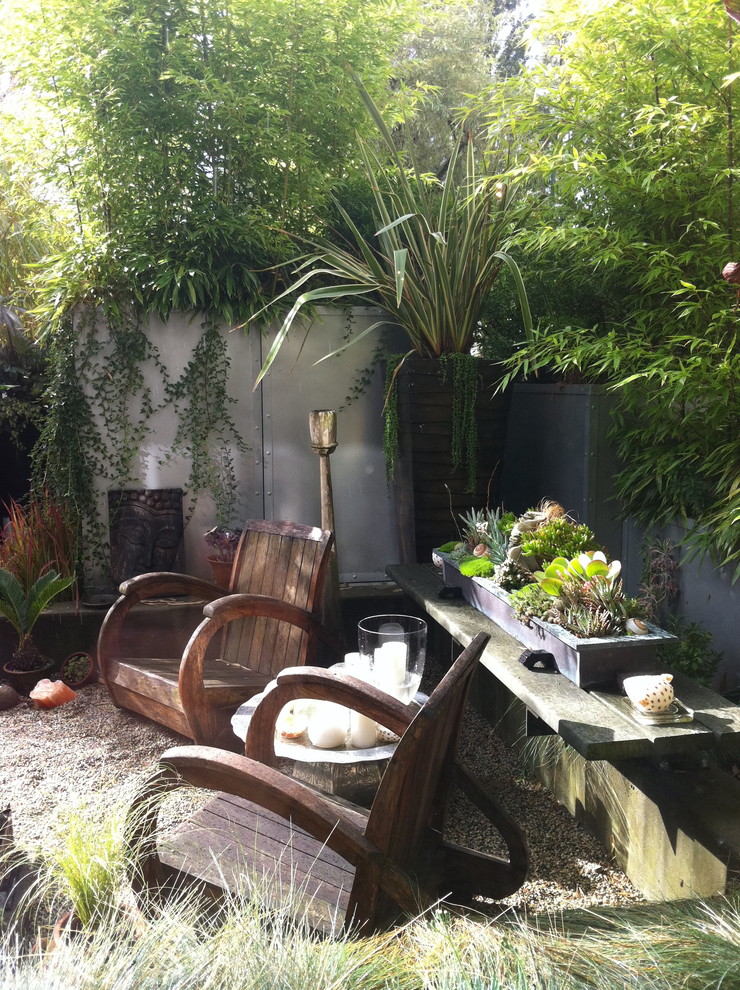 Diseño de jardín tropical en patio trasero con jardín de macetas