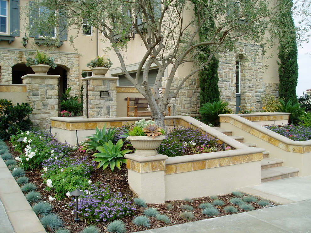 This is an example of a large mediterranean front full sun garden in San Diego with concrete paving and a garden path.