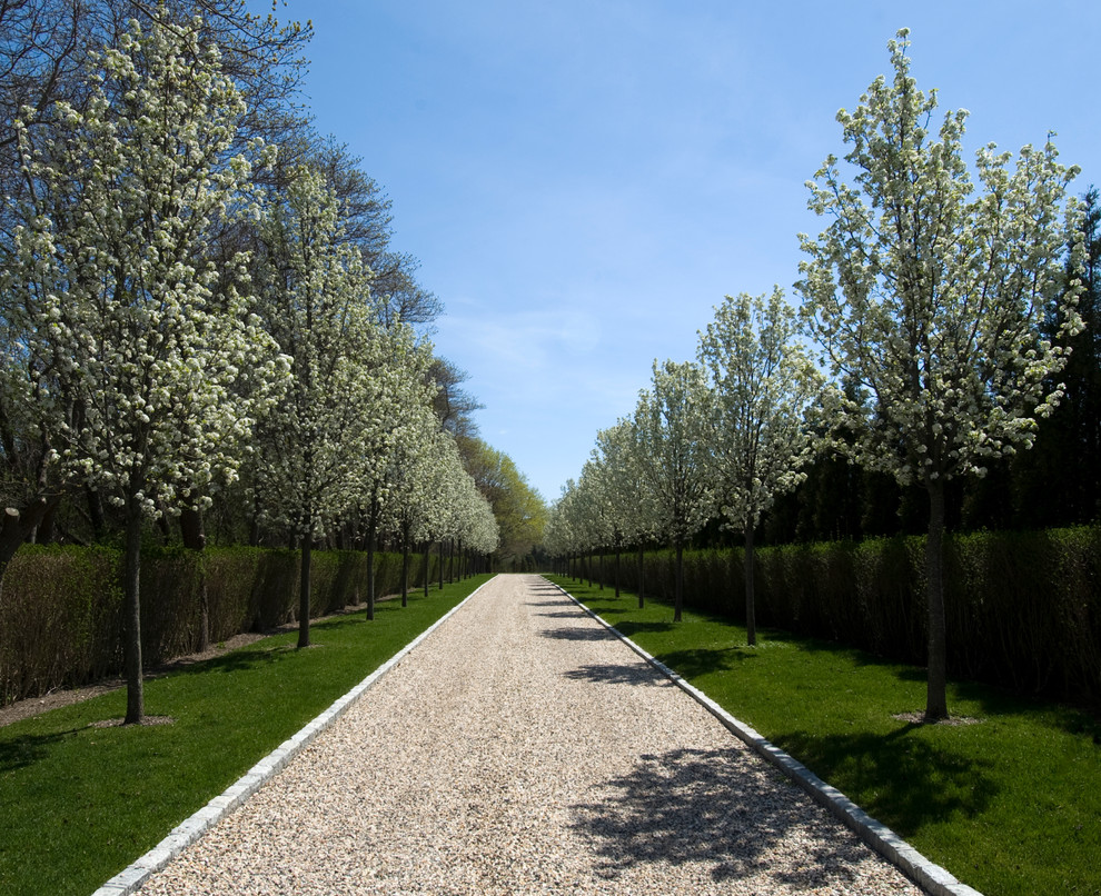На фото: огромный весенний участок и сад в классическом стиле с подъездной дорогой и покрытием из гравия с
