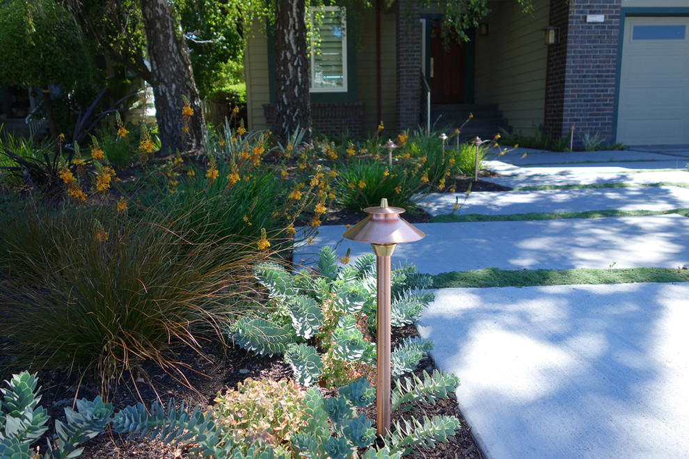Свежая идея для дизайна: участок и сад среднего размера, зимой на переднем дворе в стиле модернизм с садовой дорожкой или калиткой, мощением тротуарной плиткой и полуденной тенью - отличное фото интерьера