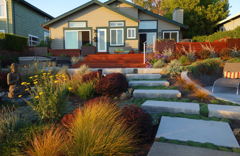 Expansive contemporary back xeriscape full sun garden for summer in San Francisco with decking.