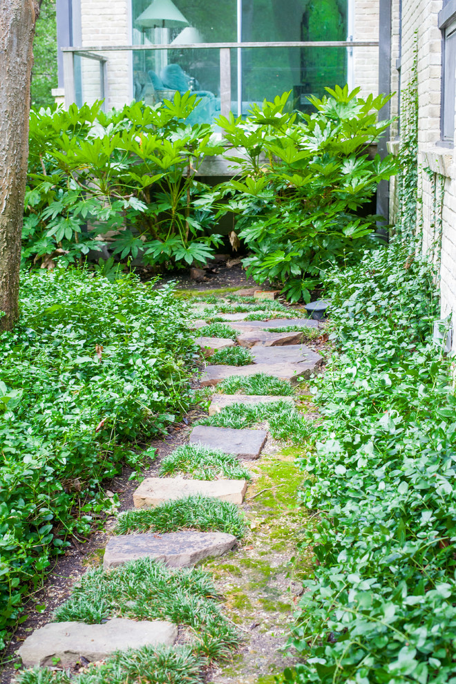 Geometrischer, Großer, Schattiger Moderner Gartenweg neben dem Haus mit Natursteinplatten in Dallas