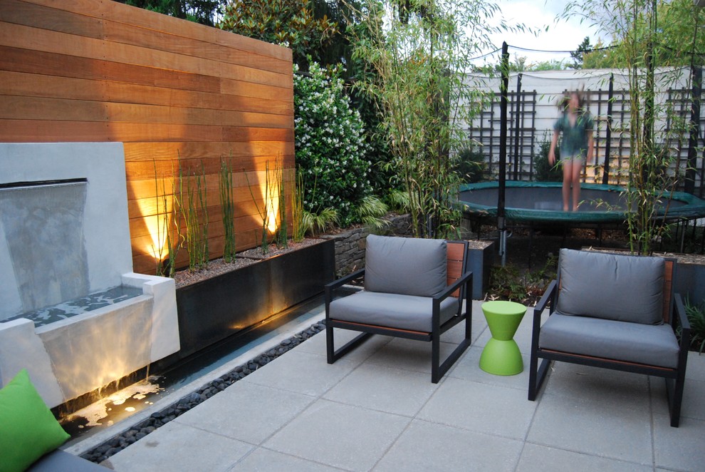 Small contemporary back partial sun garden in Portland with a water feature and concrete paving.