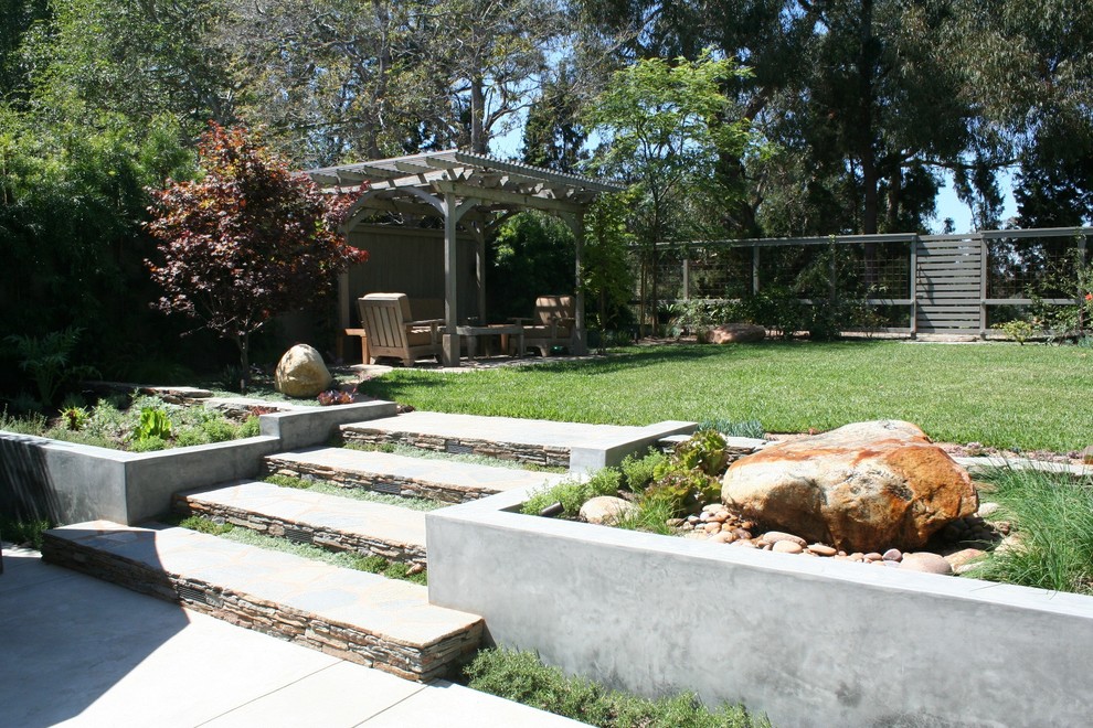 Modelo de jardín contemporáneo en patio trasero con huerto