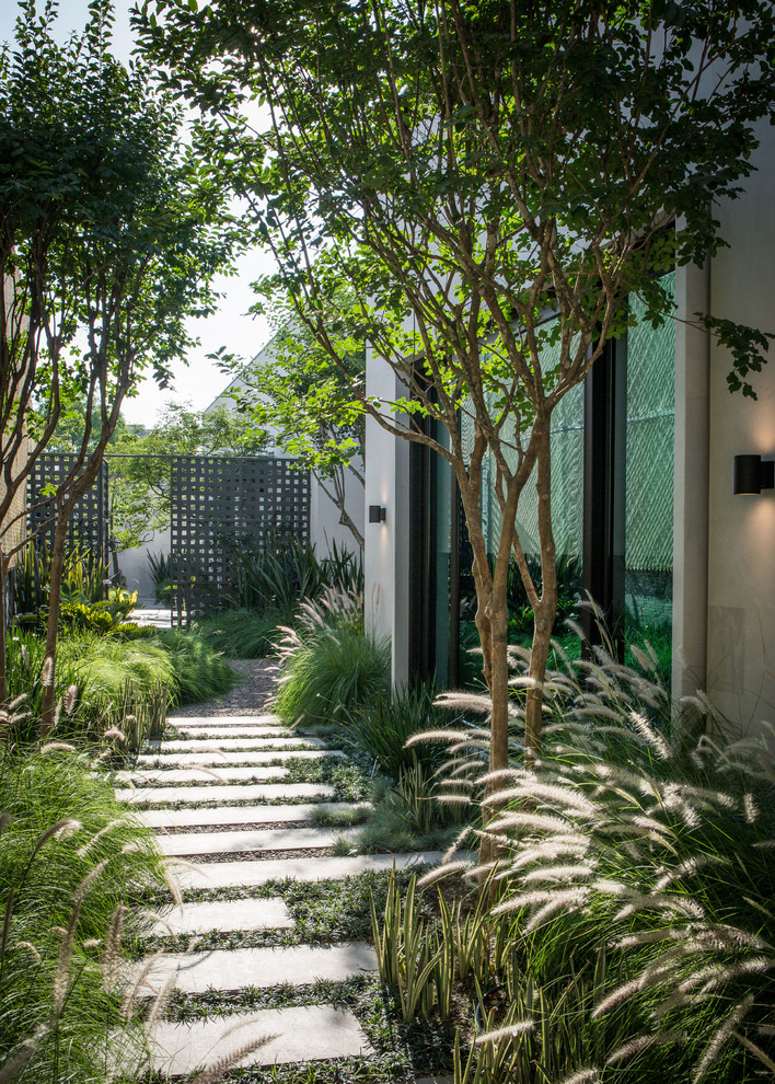 Réalisation d'un jardin design avec une exposition partiellement ombragée et des pavés en béton.