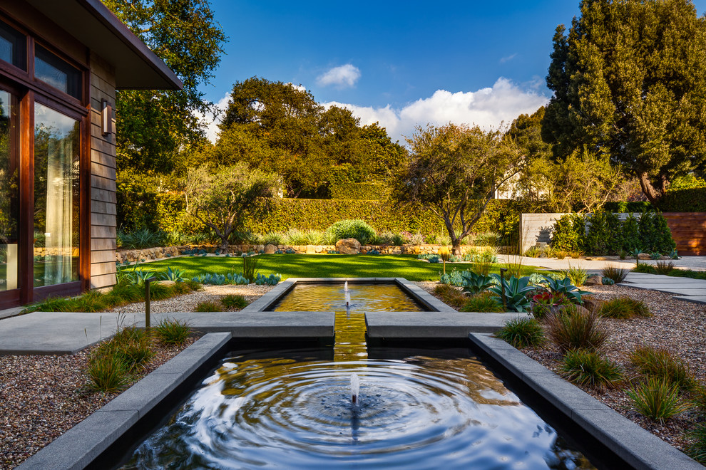 Geräumiger Moderner Garten hinter dem Haus mit Wasserspiel, Koiteich, direkter Sonneneinstrahlung und Betonboden in San Luis Obispo